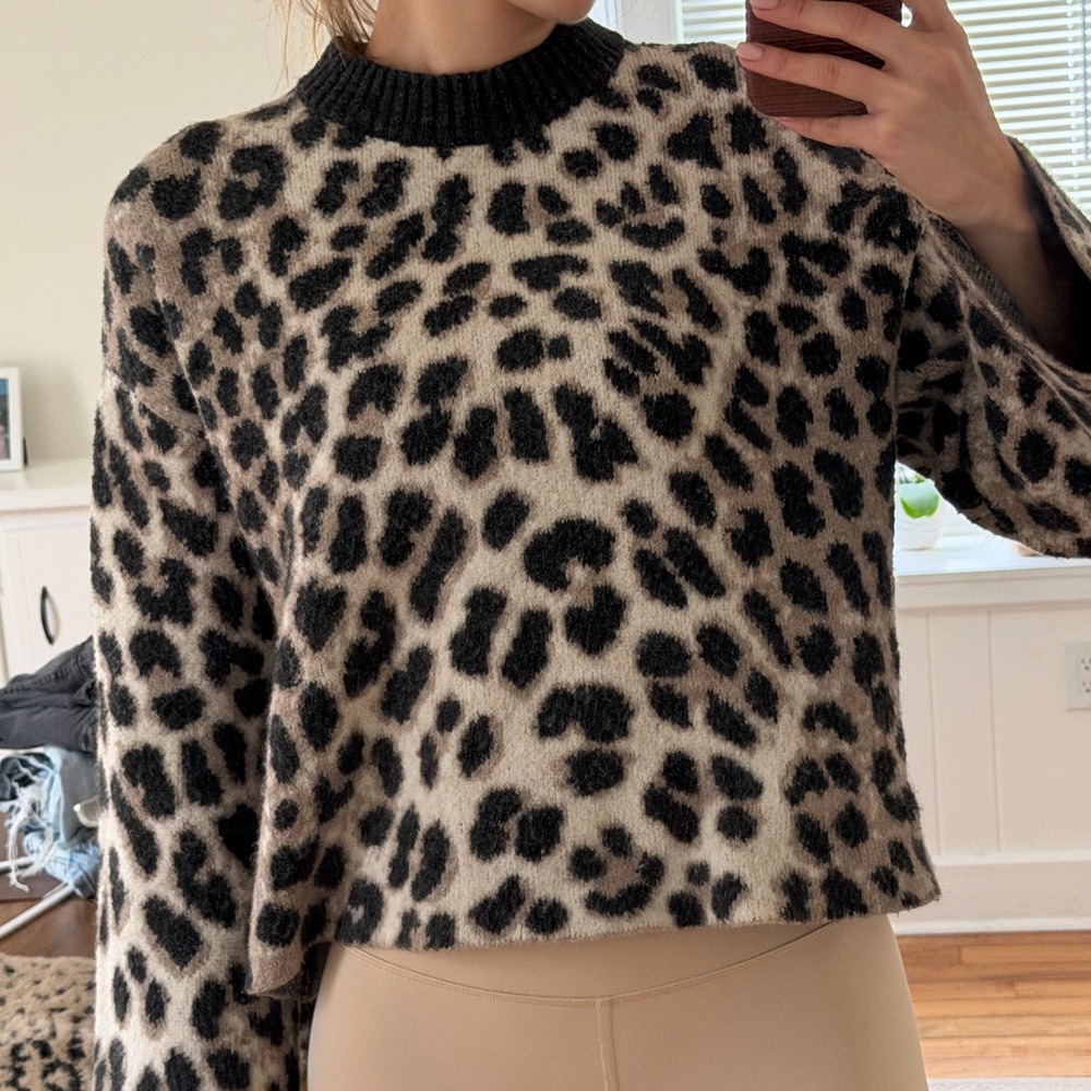 Leopard Print Mock-Neck Women’s Sweater in Beige and Black